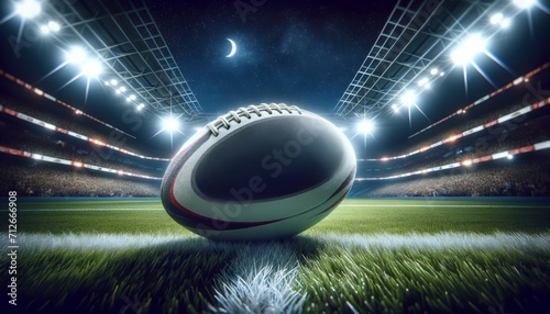 A close-up view of a rugby ball on a wet field with stadium lights and goalposts in the background, under a rainy evening sky. 