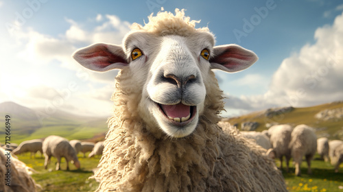 Laughing sheep. Domestic sheep portrait with open mouth on the pasture. Funny animal photo photo