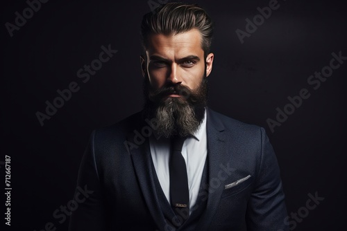 portrait of a stylish bearded man in suit with dark background