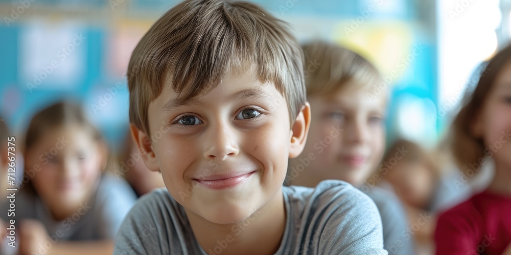 A smiling cute child boy in a school with students studying in the classroom on the background - obrazy, fototapety, plakaty 