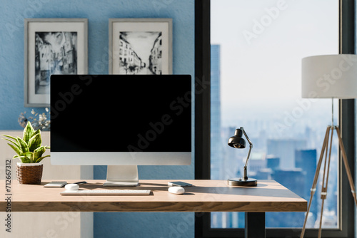 Billede på lærred frontal view on modern clean pc workplace; black monitor with copy space; minima