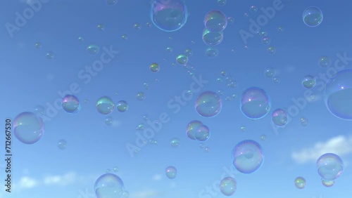 空に舞うシャボン玉
Round bubbles float in the air and sparkle with rainbow patterns.