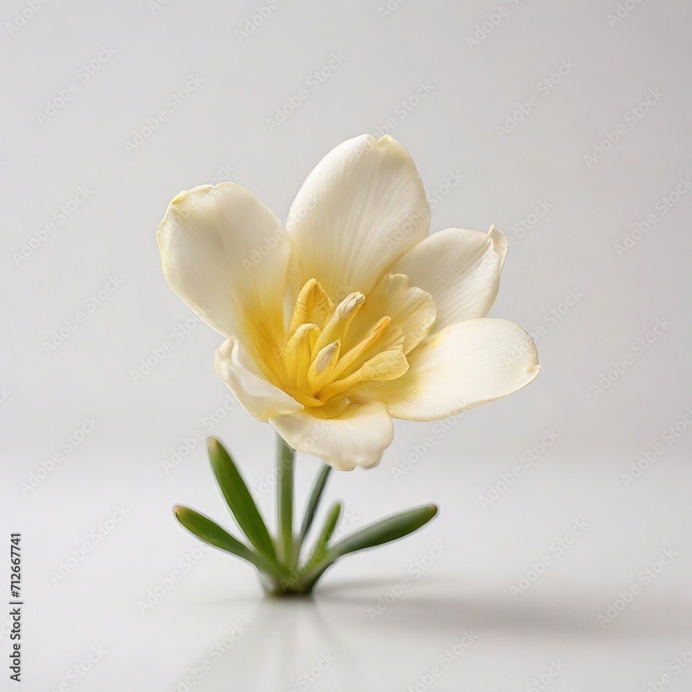 Elegant Freesia Flower in Full Bloom, Creamy White Petals with Yellow Center, Isolated on a White Background Elegant Freesia Flower in Full Bloom, Creamy White Petals with Yellow Center, Isolated on a White Background