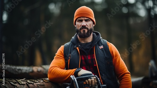 A picture of a lumberjack who is dressed in protective gear and holding a chainsaw photo