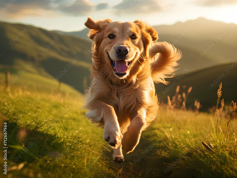 In the morning hours, a golden retriever dog joyfully runs on a green grass field with a majestic mountain range as a picturesque backdrop In the morning hours, a golden retriever dog joyfully runs on a green grass field with a majestic mountain range as a picturesque backdrop
