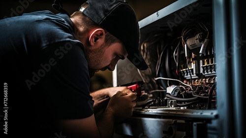 A worker responsible for maintenance is repairing
