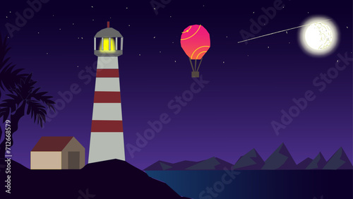 lighthouse in the night with stars, mesmerizing atmosphere, chasing dream, calm river.