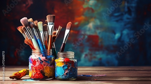 Apply oil paints with brush and tubes on a wooden table.