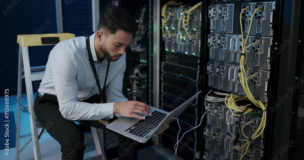 Technician, server room and computer with cables connection for system maintenance, hardware or software backup. Man or programmer typing on laptop for engineering, repair and coding in a data center
