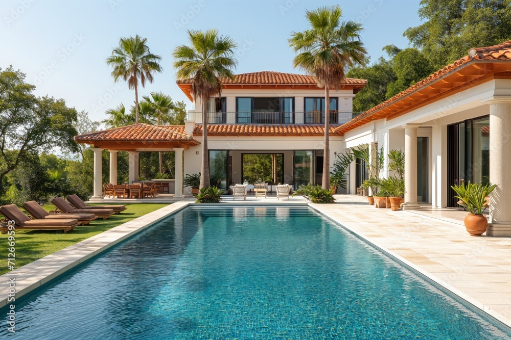 Mediterranean villa with swimming pool. Expensive two-story house with traditional exterior