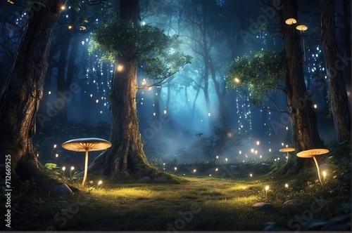 Forest with glowing light, fantsy at night photo