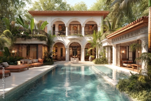 Mediterranean villa with swimming pool. Expensive two-story house with traditional exterior