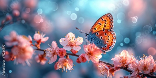 Close-up of a butterfly on a colorful flower in a meadow, showing the colorful harmony of nature.