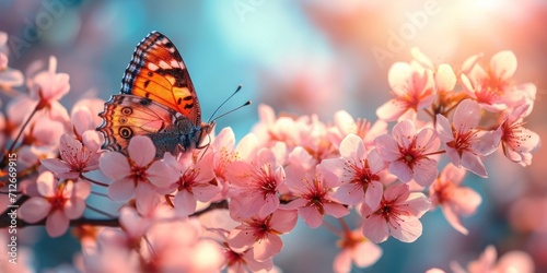 A butterfly on bright flowers, demonstrating the colorful harmony of spring nature in the warm and sunny season. © Iryna