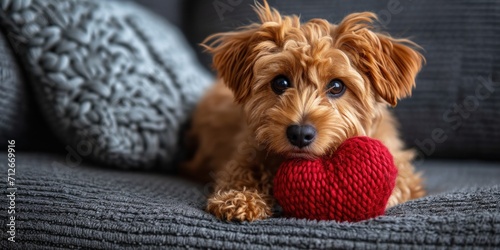 A cute little dog with a heart in its paws sits on the sofa and radiates warmth, happiness and charm. photo