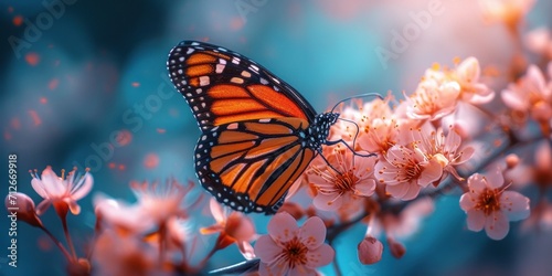 A colorful monarch butterfly feeding on a flower in a summer garden displays the colorful and delicate patterns of the wild. photo