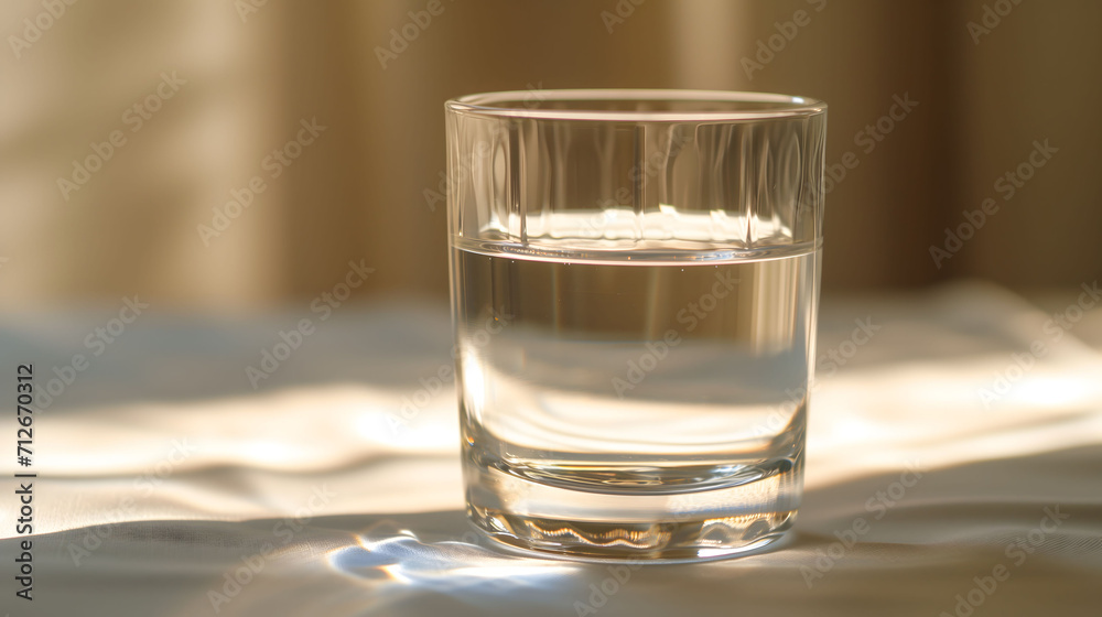 Sunlit Glass of Water on Tablecloth Sunlit Glass of Water on Tablecloth