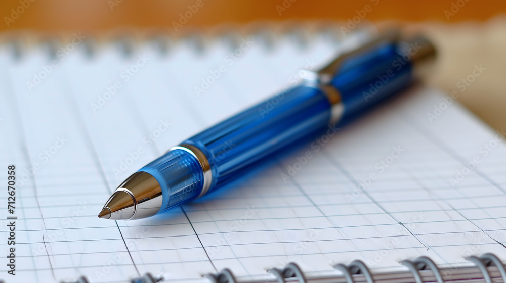 Elegant Blue Pen Poised on Open Lined Spiral Notebook Elegant Blue Pen Poised on Open Lined Spiral Notebook