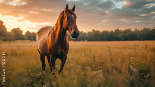 Majestic Horse Standing in Field at Golden Hour Sunset