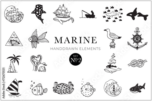 Marine elements collection, sea drawings, ocean, illustrations, doodles, tattoo, handdrawn, set, pack © michaelrayback