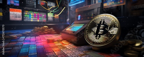 Bitcoin coins with a tech circuit background photo