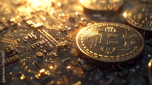 Bitcoin coins on a tech circuit photo