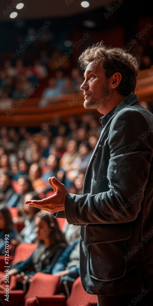 Obraz premium Ein Redner, der einen Vortrag vor einem Publikum in einem Auditorium hält