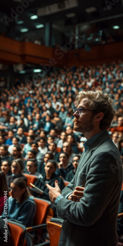 Ein Redner, der einen Vortrag vor einem Publikum in einem Auditorium hält © Fatih