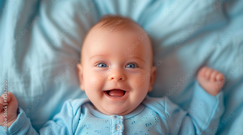 Portrait of a cute little baby in overalls lying on blue sheets at home.  Selective focus, free space for copying.