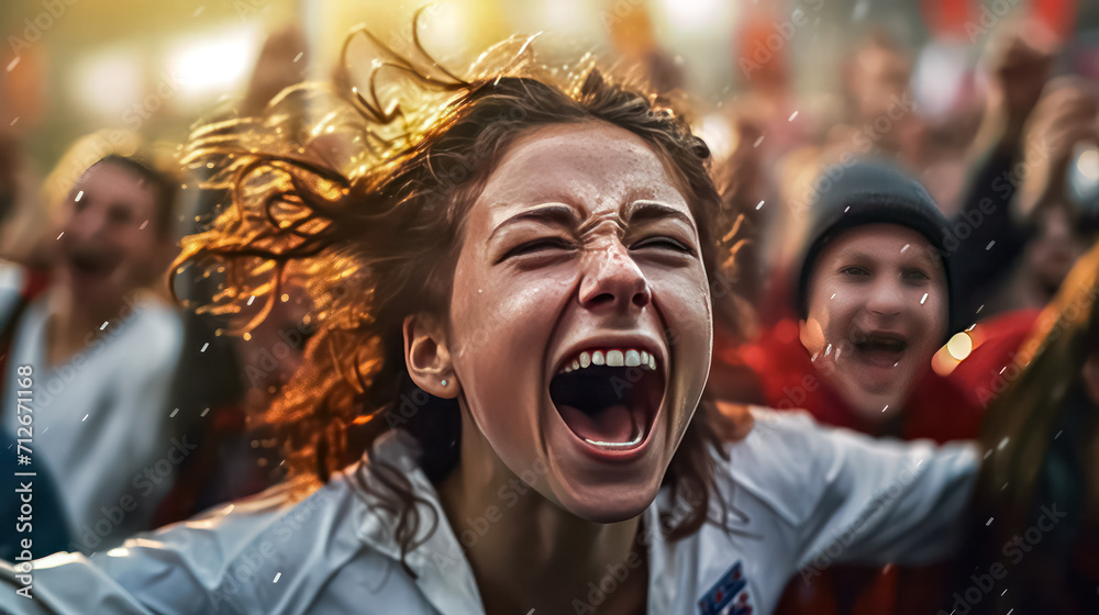 a female football fan exults in joy, celebrating her favorite teams victory. a female football fan exults in joy, celebrating her favorite teams victory.