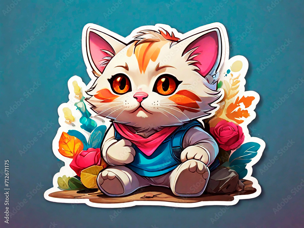 Colorful sticker of a cartoon white red cat with white borders on blue background