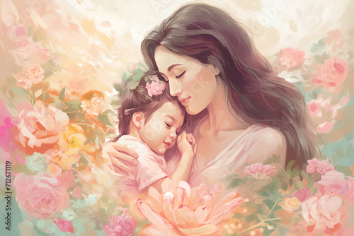 Timeless bond, flowers, pastels. Evokes love and warmth, a masterpiece celebrating motherhood.