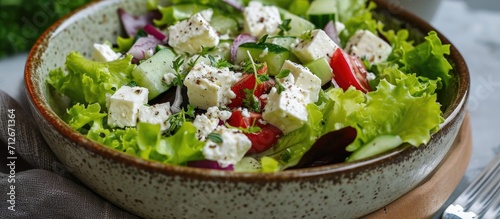 Greek lettuce salad with feta cheese served in a bowl. photo