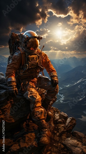 An astronaut sits on a rock on a mountaintop overlooking a valley.
