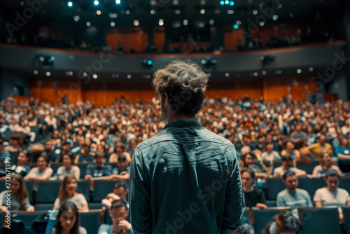 Ein Redner, der einen Vortrag vor einem Publikum in einem Auditorium hält © Fatih