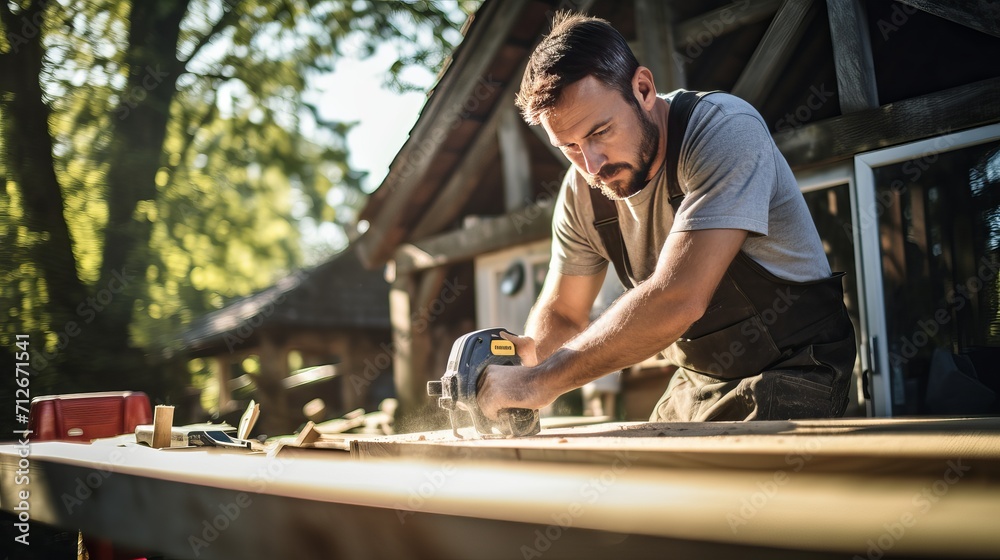 A young man is constructing a house with the help of a craftsman