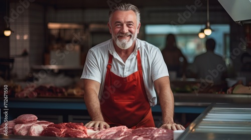 Raw meat in the hands of a smiling butcher