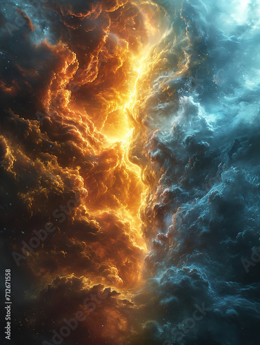 Collision between cold blue and hot yellow clouds, Bright rays, Collision zone  , a large illuminated slit ,space photo