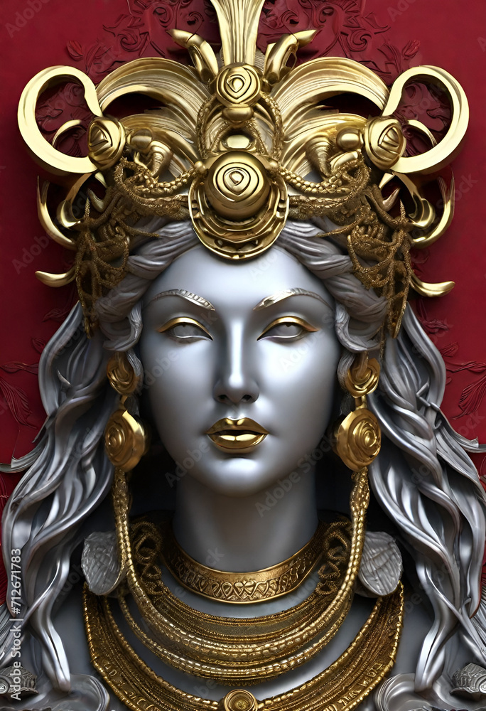 Gold and silver statue head of Medusa the Goddess