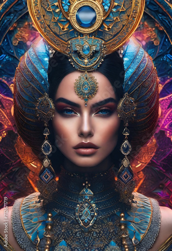 Beautiful Goddess on mesmerizing background of color wearing metal headdress and elongated earrings 