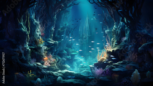 Underwater game background deep ocean,, Navigating the Deep Ocean Depths in an Underwater Game