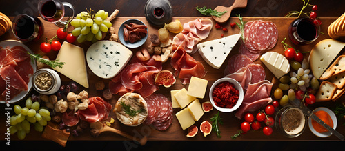 Overhead shot of charcuterie, cheese, wine with space for text. Mediterranean antipasti or tapas, shot from above with olives and salmon sandwiches. Deli