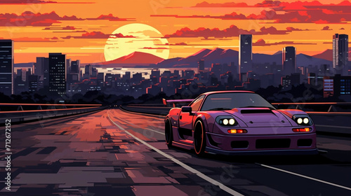 copy space, vector illustration, 90's style, pixel style, powerful sportcar in city, sunset. Nostalic 90’s poster. 90’s background for poster. Nostalic adventure mockup. Print for T-shirt. photo