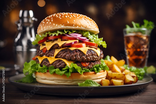 Close-up of giant delicious fresh cheeseburger with potatoes