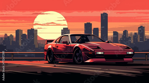 copy space, vector illustration, 90's style, pixel style, powerful sportcar in city, sunset. Nostalic 90’s poster. 90’s background for poster. Nostalic adventure mockup. Print for T-shirt. photo