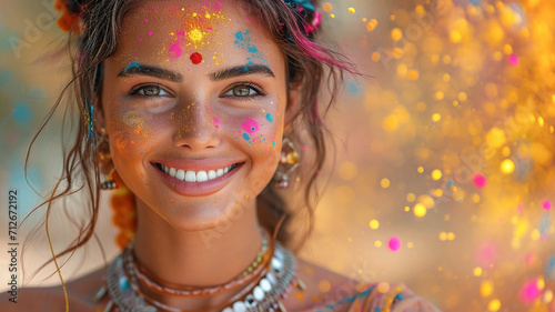 Modeporträt eines glücklichen indischen Mädchens im traditionellen Hindu-Sari in Holi-Farbe
