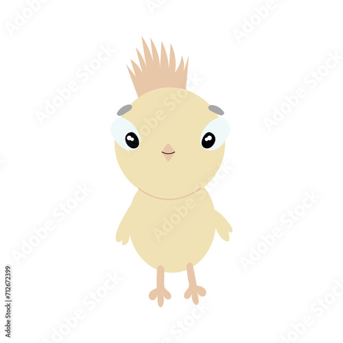 Cute cartoon illustration of standing small chick. Flat vector spring Easter design sticker in colored flat style. Isolated on background.