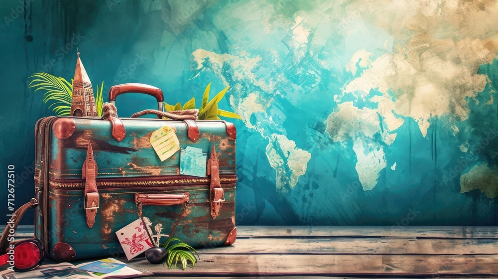Vintage suitcase on wooden table and world map background, travel concept - obrazy, fototapety, plakaty 