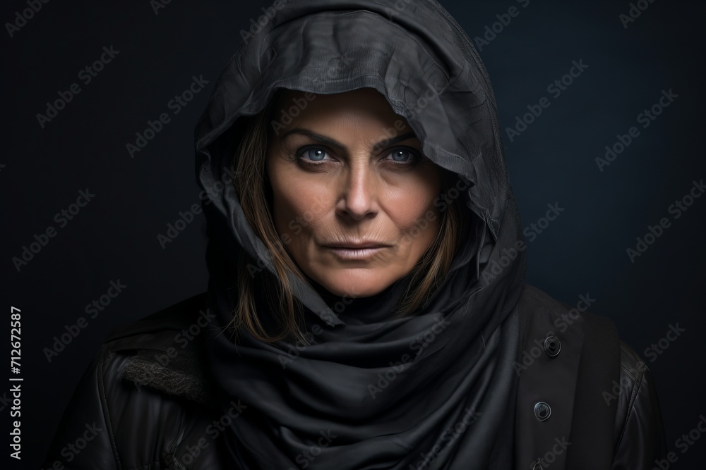 Portrait of a beautiful woman in a black coat with a hood Portrait of a beautiful woman in a black coat with a hood