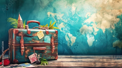 Vintage suitcase on wooden table and world map background, travel concept